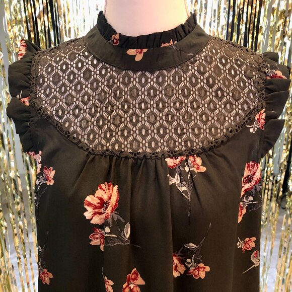 Dark Green High Neck Lace Yoke Sleeveless Blouse Ruffled Cap Sleeves Size Large - Picture 5 of 12